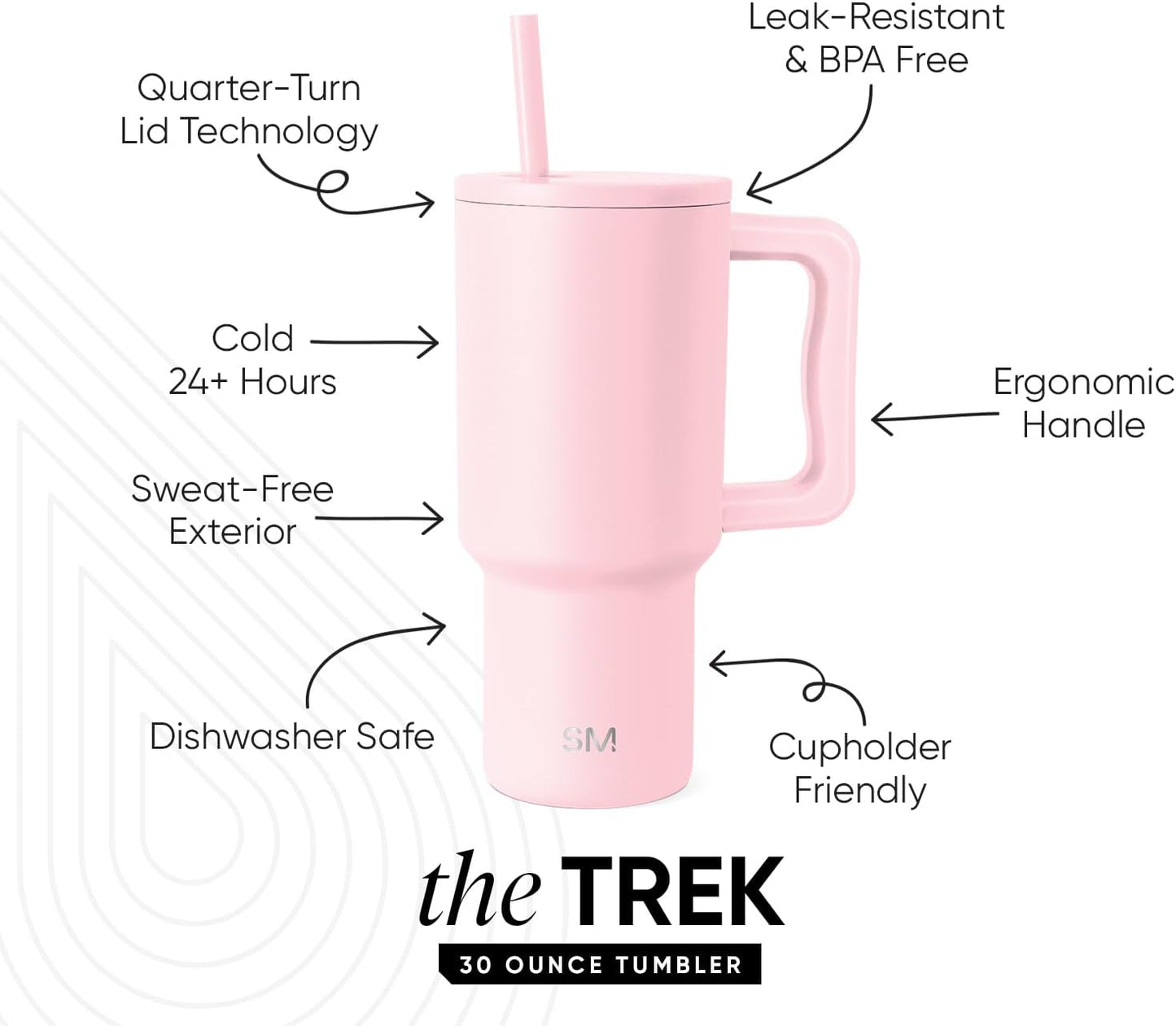 Simple Modern 30 oz Trek Tumbler with Handle and Straw Lid | Cup Holder Friendly Insulated Stainless Steel Travel Mug | Blush