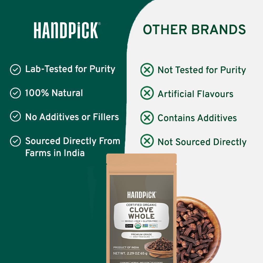 HANDPICK Organic Cloves Whole (2.3oz, 65g) Premium Cloves from South India | Packed in a Resealable Zip Lock Pouch | Perfect for Cooking, Smoothies, Pomander Balls & Tea