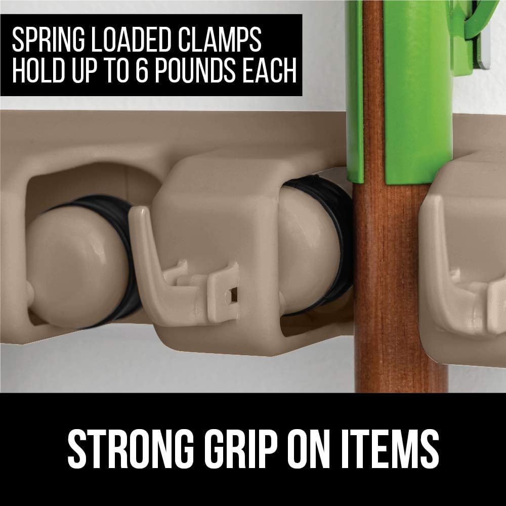 GORILLA GRIP Wall Mount Hook Fixture, Also Includes Slots to Hold Mop, Broom, Tools, Easy Install, Organize Cleaners, Tools, Home, Kitchen, Garage, 6 Hooks 5 Slots, Beige