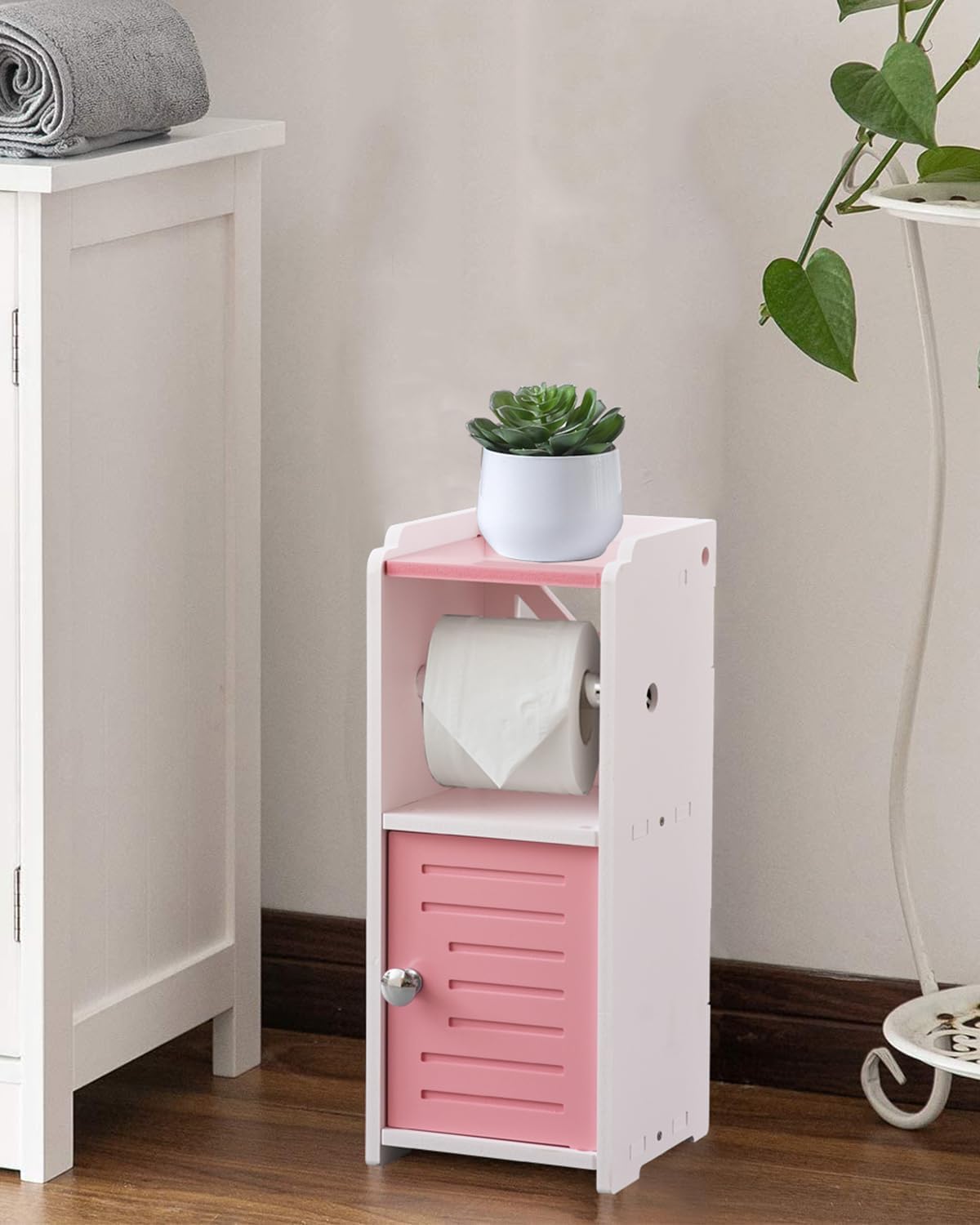 AOJEZOR Toilet Paper Holder Stand: PVC Freestanding Cabinet Storage for Small Bathroom Spaces for Homes and Renters-Jelly Pink