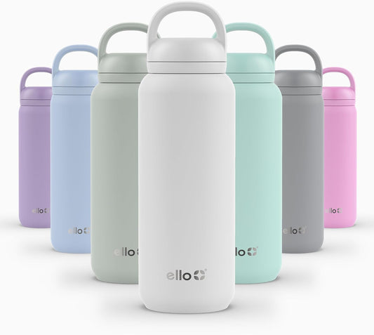 Ello Cooper Twist 32oz Stainless Steel Water Bottle with Chug Lid | Leak Proof | Double Walled and Vacuum Insulated | Built in Carry Loop | Dishwasher Safe | White