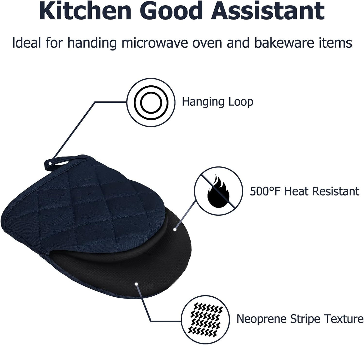 1 Pair Short Oven Mitts, Heat Resistant Silicone Kitchen Mini Oven Mitts for 500 Degrees, Non-Slip Grip Surfaces and Hanging Loop Gloves, Baking Grilling Barbecue Microwave Machine Washable