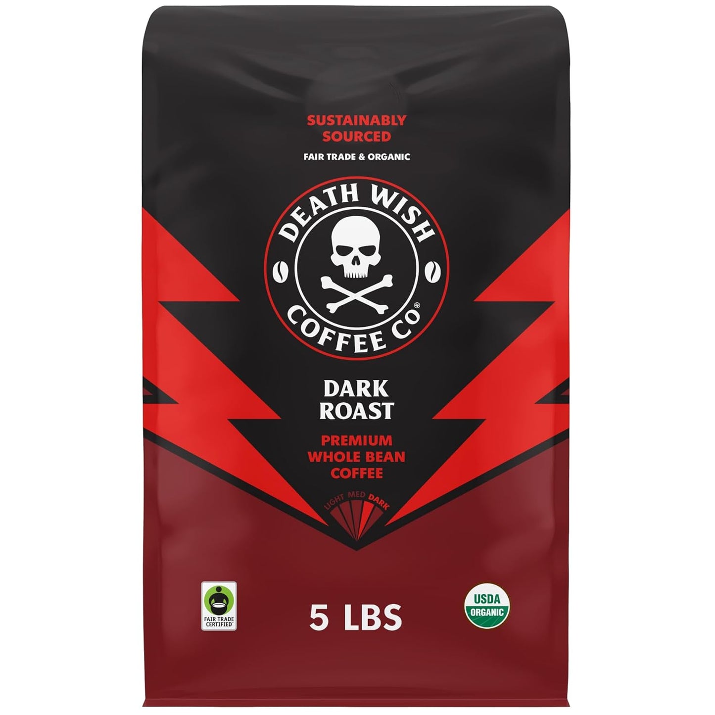 Death Wish Coffee Whole Bean Dark Roast - USA Organic Coffee Beans - Fair Trade Arabica & Robusta Coffee Beans - Dark Roast Coffee Beans (80 oz.)