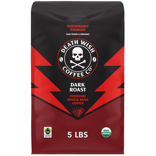 Death Wish Coffee Whole Bean Dark Roast - USA Organic Coffee Beans - Fair Trade Arabica & Robusta Coffee Beans - Dark Roast Coffee Beans (80 oz.)