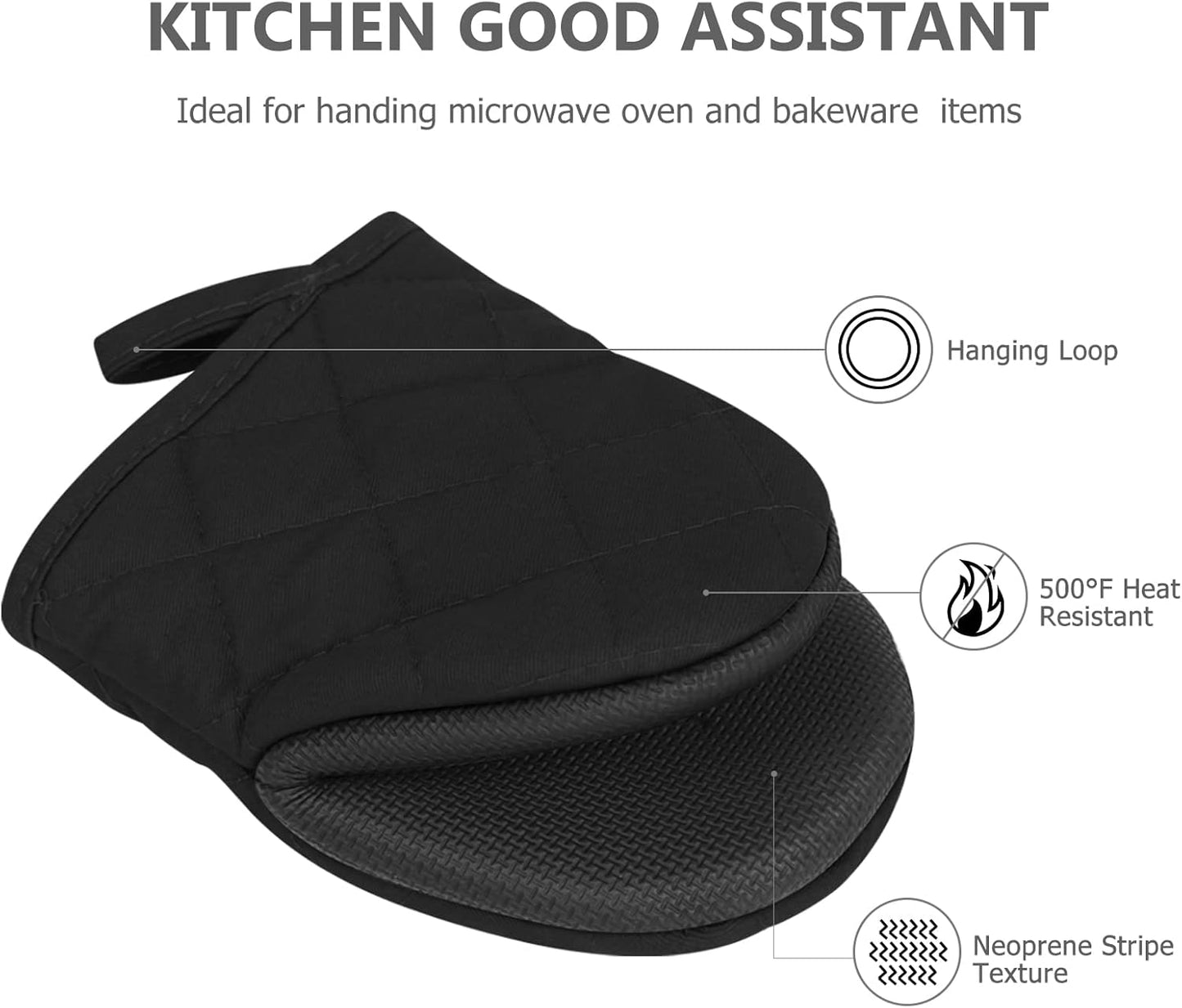 1 Pair Short Oven Mitts, Heat Resistant Silicone Kitchen Mini Oven Mitts for 500 Degrees, Non-Slip Grip Surfaces and Hanging Loop Gloves, Baking Grilling Barbecue Microwave Machine Washable