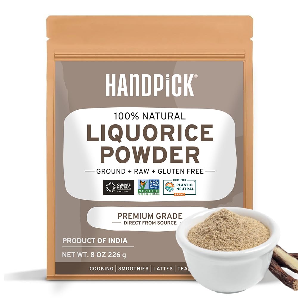 HANDPICK Licorice Root Powder (226g/8oz) Non GMO, Gluten Free, 100% Raw Ground Mulethi, Sourced from India, Glycyrrhiza Glabra, Packed in Resealable Ziplock Pouch