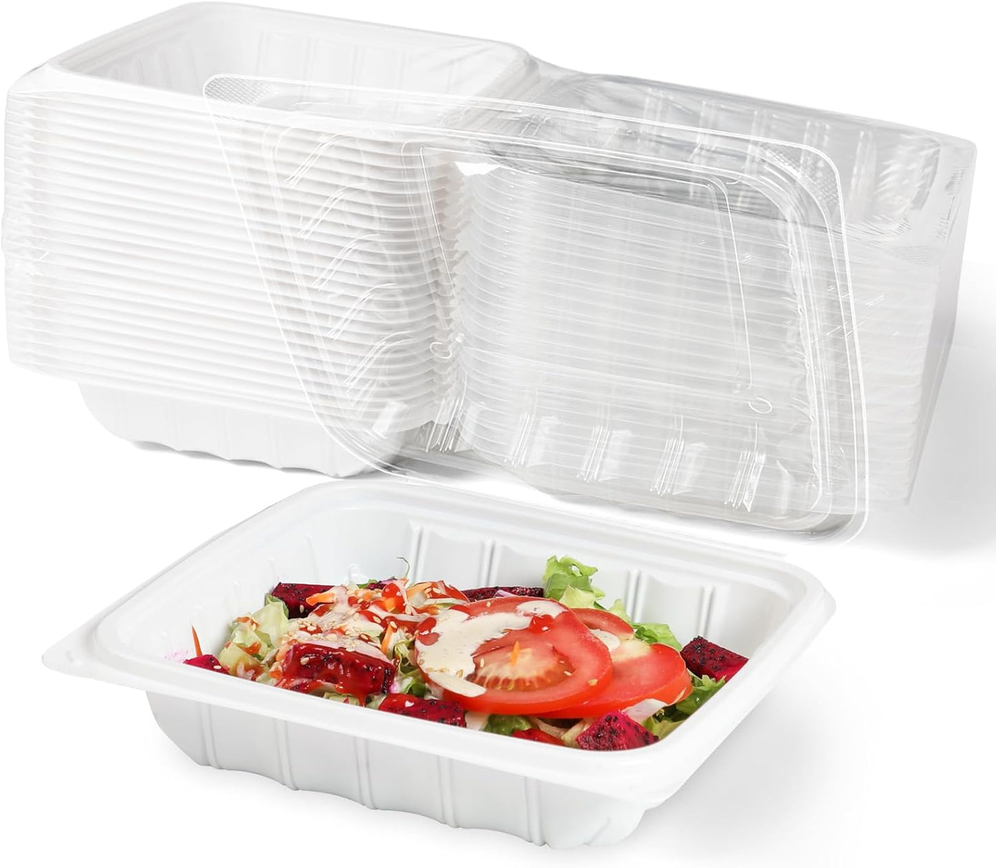 YANGRUI Takeout Containers 8 Inch 34 oz 25 Pack - Reusable Anti Fog Crystal Lid Technology Shrink Wrap To Go Box | BPA Free PP Plastic Freezer & Microwave Safe | White Restaurant Grade Food Container