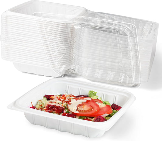 YANGRUI Takeout Containers 8 Inch 34 oz 25 Pack - Reusable Anti Fog Crystal Lid Technology Shrink Wrap To Go Box | BPA Free PP Plastic Freezer & Microwave Safe | White Restaurant Grade Food Container