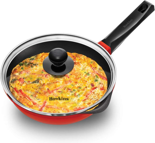 HAWKINS 24 cm Die Cast Induction Compatible Frying Pan with Glass Lid, Red (IDCF24G)
