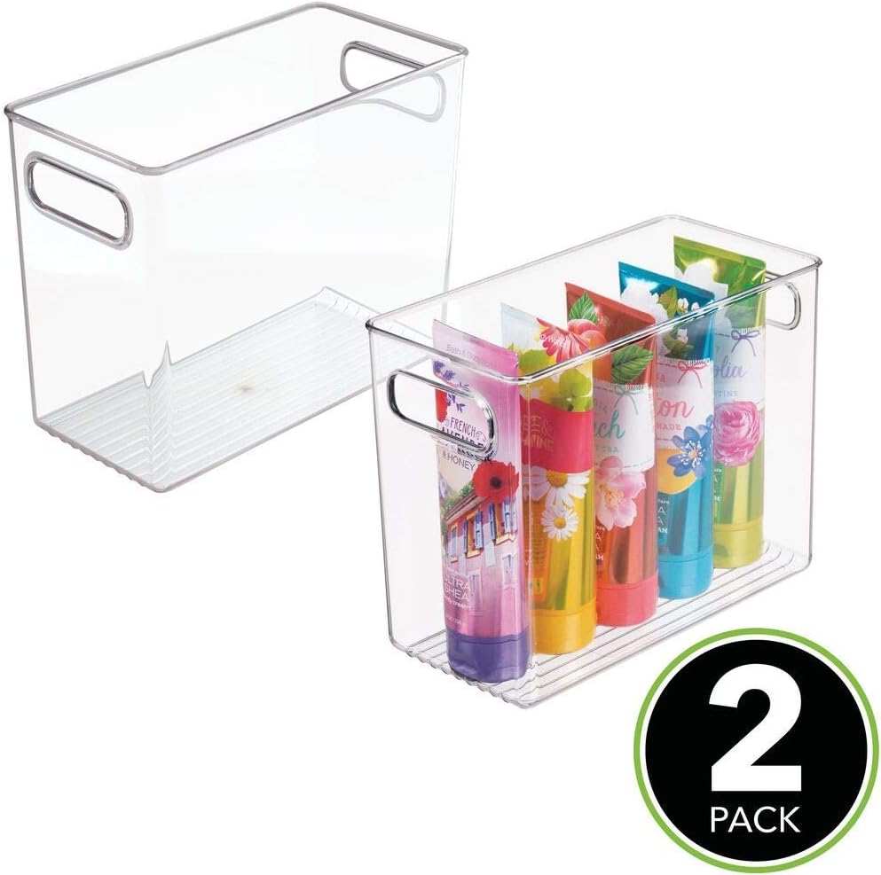 mDesign Slim Plastic Storage Container Bin with Handles - Bathroom Cabinet Organizer for Toiletries, Makeup, Shampoo, Conditioner, Face Scrubbers, Loofahs, Bath Salts - 5" Wide, 2 Pack - Clear