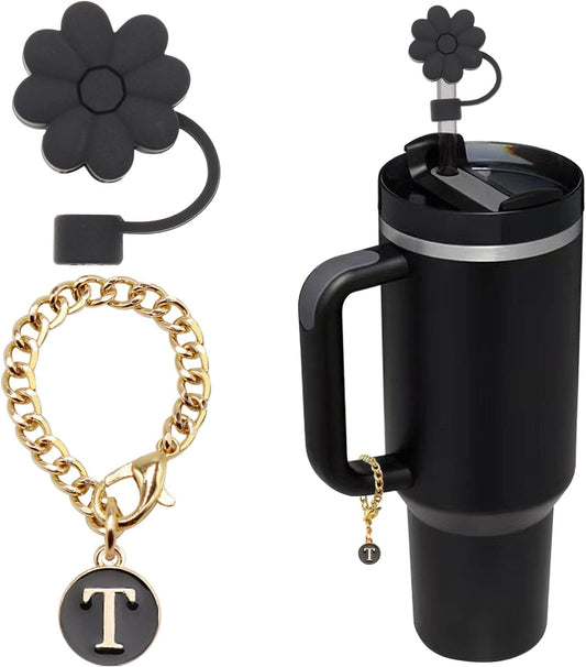 Stanley Cup Accessories, 1pc Flower Stanley Straw Cover Silicone Straw Topper for Stanley 30&40 oz Tumbler with Handle and 1pc Initial Letter Charm for Stanley Cup (Letter T)