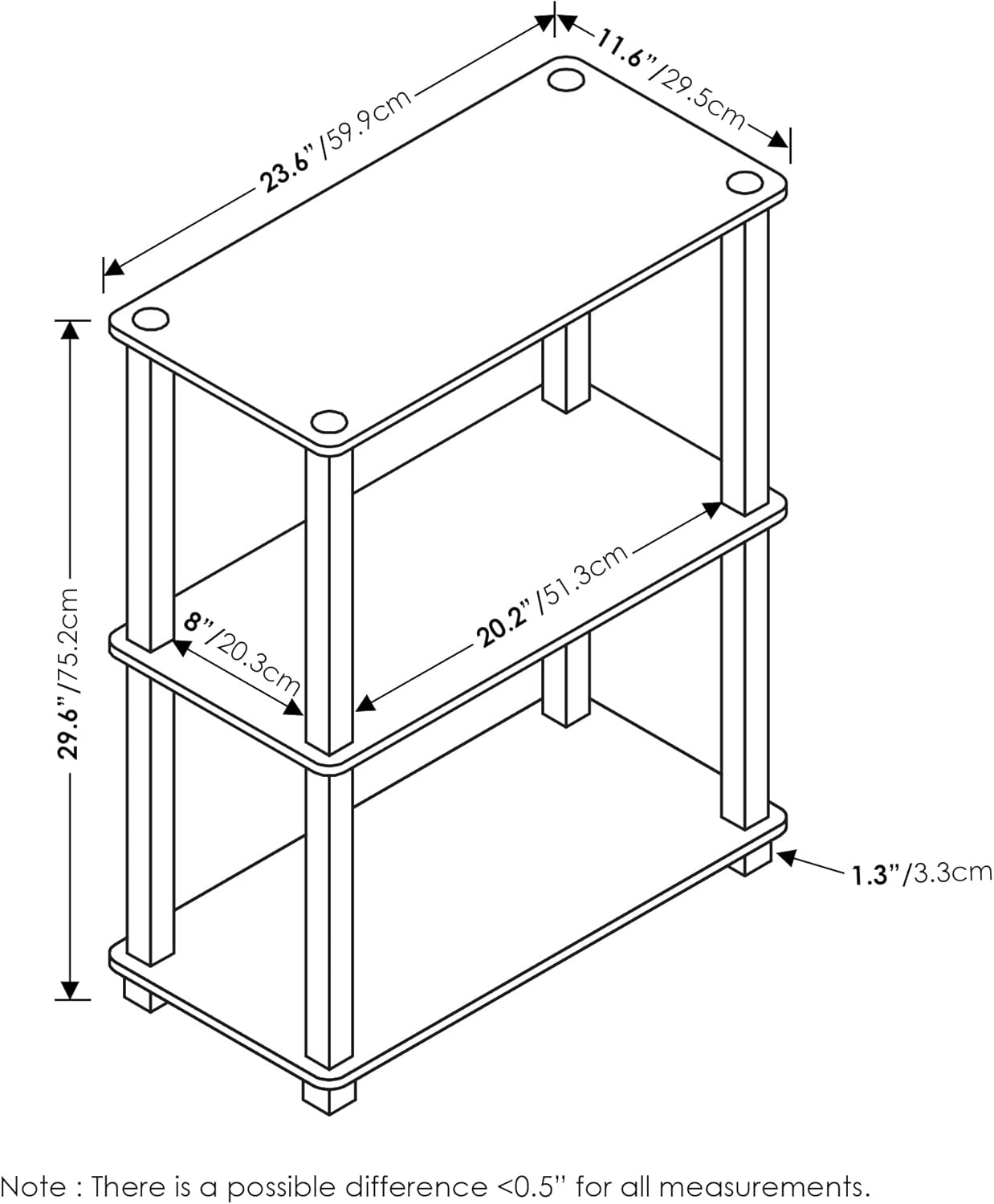 Furinno TURN-S-TUBE Storage Shelves, 3-Tier Book Shelf, Corner Shelf, Toolless Open Shelves, for Organization and Storage, Living Room, Garage, Home Office, Amber Pine