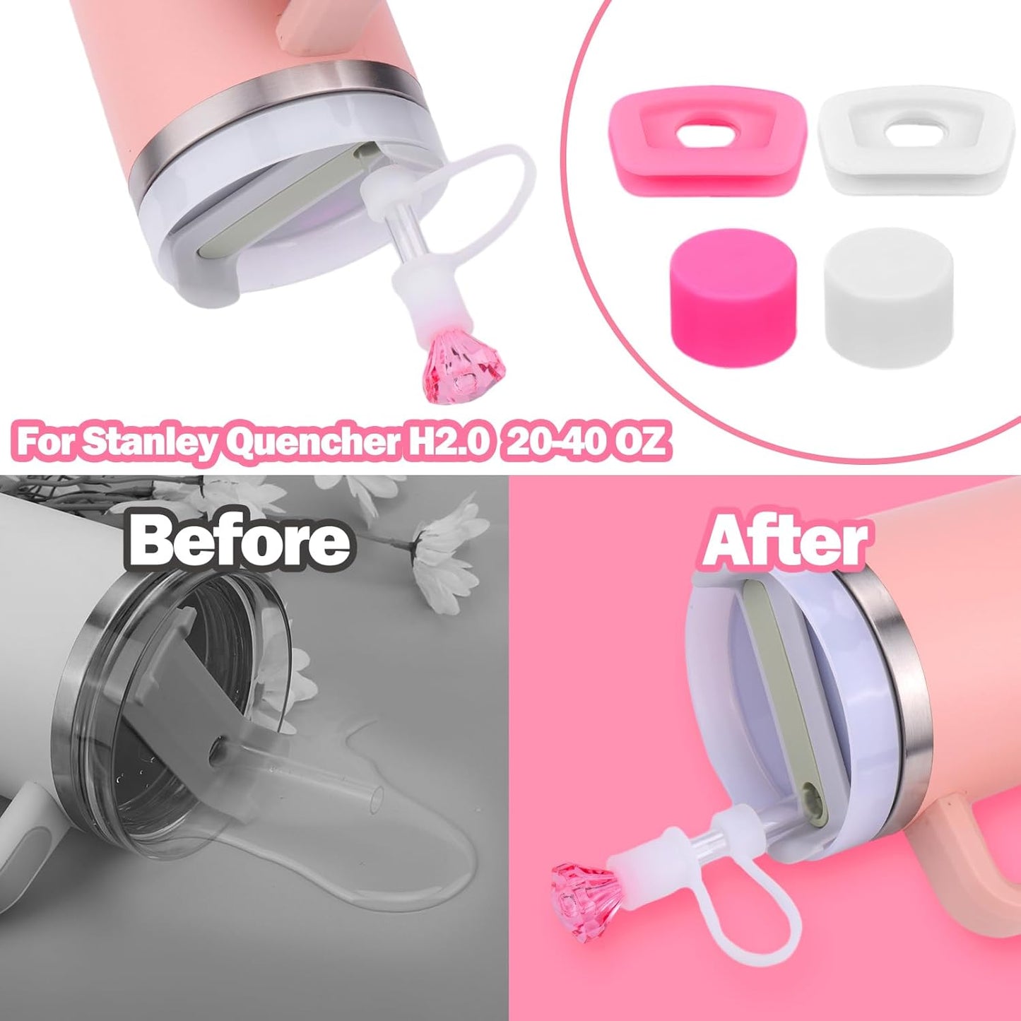 Mity rain Set for Stanley Cup Accessories, Including 2Pcs Diamond Straw Topper, 4 Pcs Silicone Spill Proof Stopper, 2Pcs Protective Glitter Silicone Boot, Pink and White Set for Stanley Cup 40/30 OZ