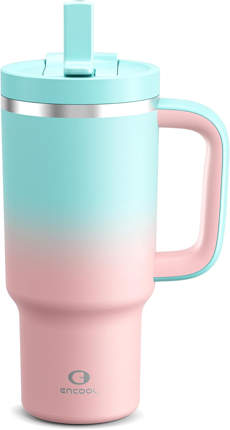 32 oz Tumbler with Handle and Straw: Stainless Steel Insulated Tumbler Keeps Cold for 24 Hours, Leakproof Travel Cup Fits in Cup Holder and BPA-Free, Cherry Blossom