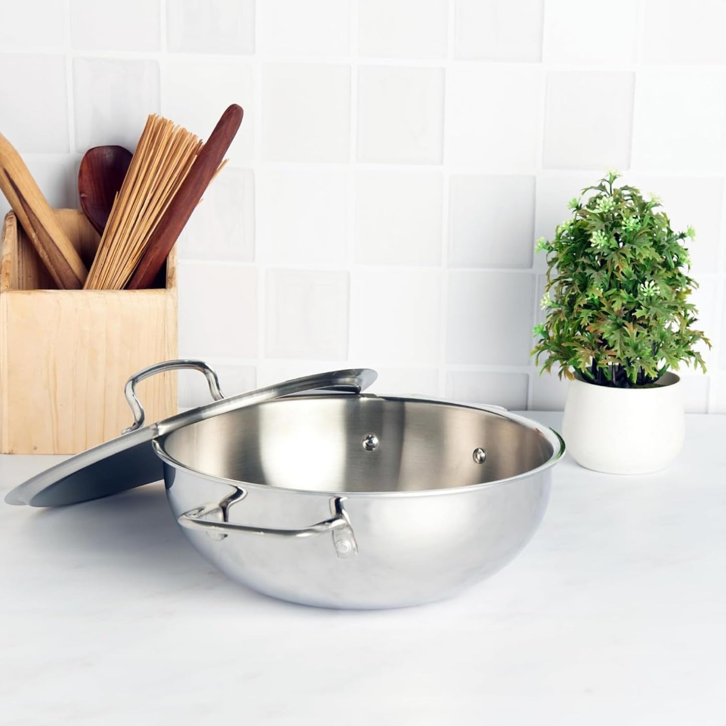 Vinod Platinum Triply Stainless Steel Kadai | Suitable For Indian Cooking, Sauces, Stews, Soups | Extra Deep, 32cm | Induction, Electric Friendly