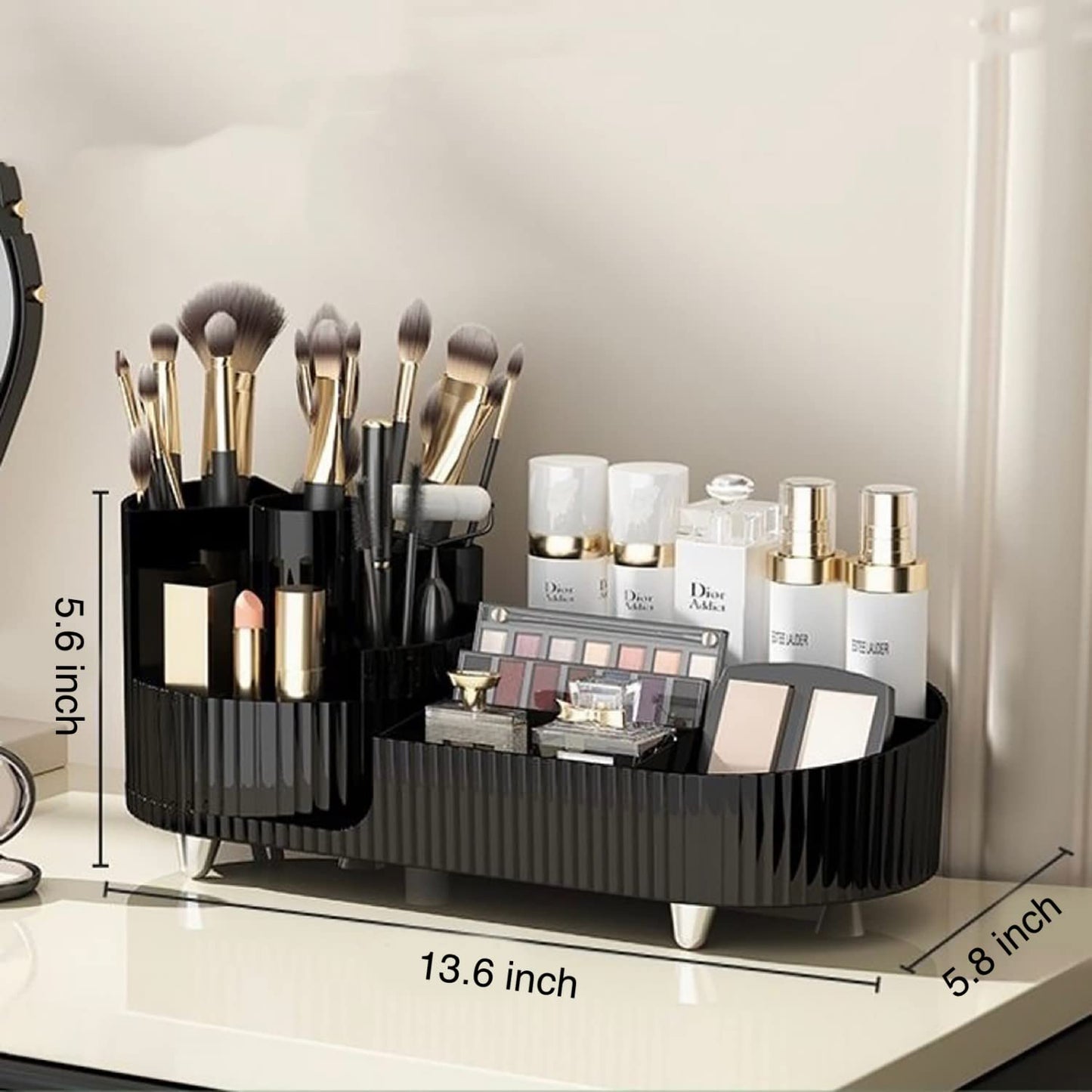 Rotating makeup organizer,Large Capacity Cosmetic Display Case, easy to hold all of your makeup products, at least 20 makeup brushes/eyeliner,10 lipsticks,8 skincare products(Black)