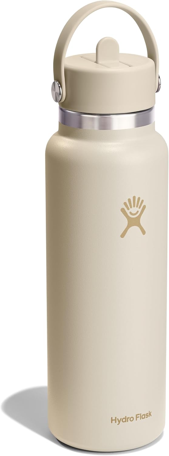 Hydro Flask Water Bottle - Insulated Stainless Steel - Wide Mouth Flex Straw Lid, Non Spill, Leakproof and Refillable in 40 Oz Coconut Cream
