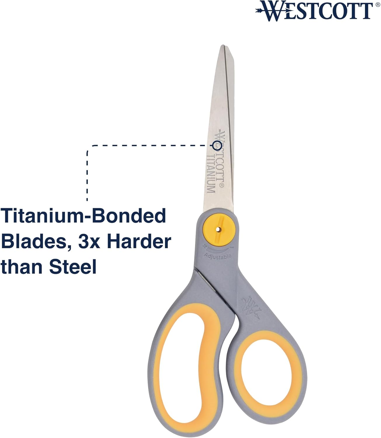 Westcott 8-Inch Titanium-Bonded Scissors with Adjustable Glide Feature for Office and Home - Gray/Yellow