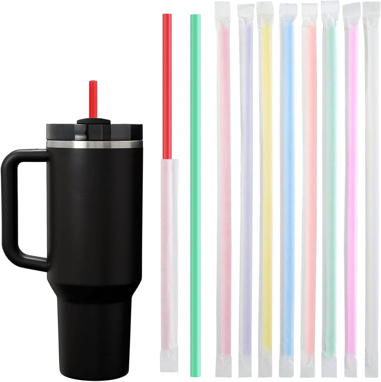 ALINK 100 Pcs Long Disposable Straws for Stanley 40 oz 30 oz Tumbler, 12 inch Colorful Plastic Straws for Stanley, Owala, Yeti 40 OZ 30 OZ Cup, Individually Wrapped