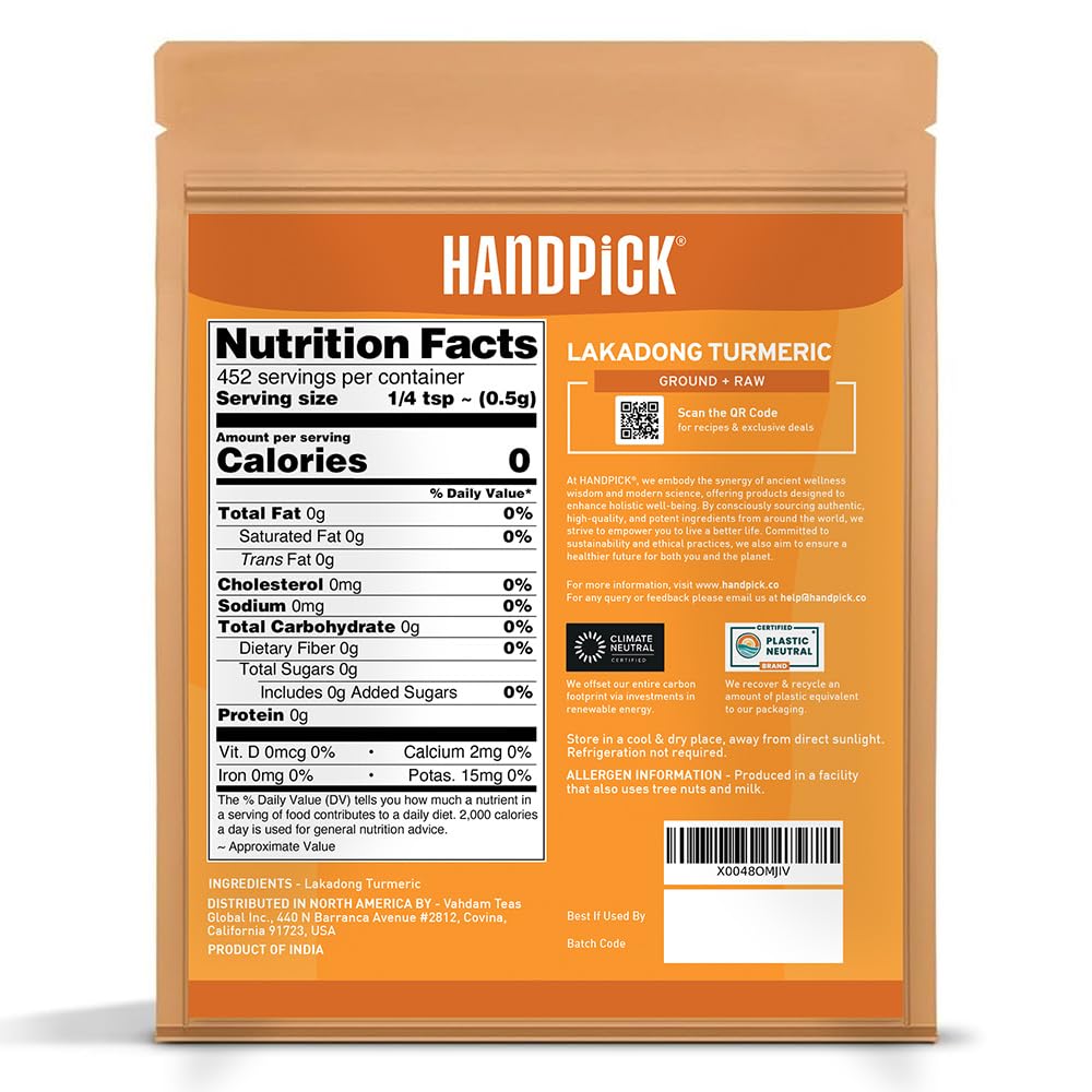 HANDPICK Lakadong High Curcumin Turmeric Powder (226g/ 8oz) Non GMO, Gluten Free, 100% Raw, Sourced from India, High Curcumin, Premium Quality, Packed in Resealable Ziplock Pouch