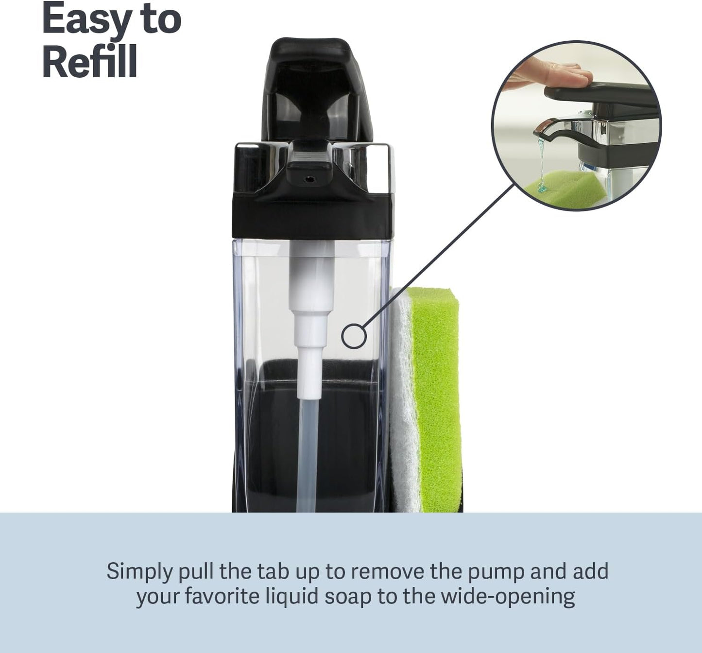 Casabella Sink Sider Solo Kitchen Soap Pump and Sponge Caddy, Black/Chrome - 2-in-1 Soap and Sponge Caddy, One-Hand Soap Dispensing, Ergonomic Design, Easy to Refill and Clean, Efficient Size