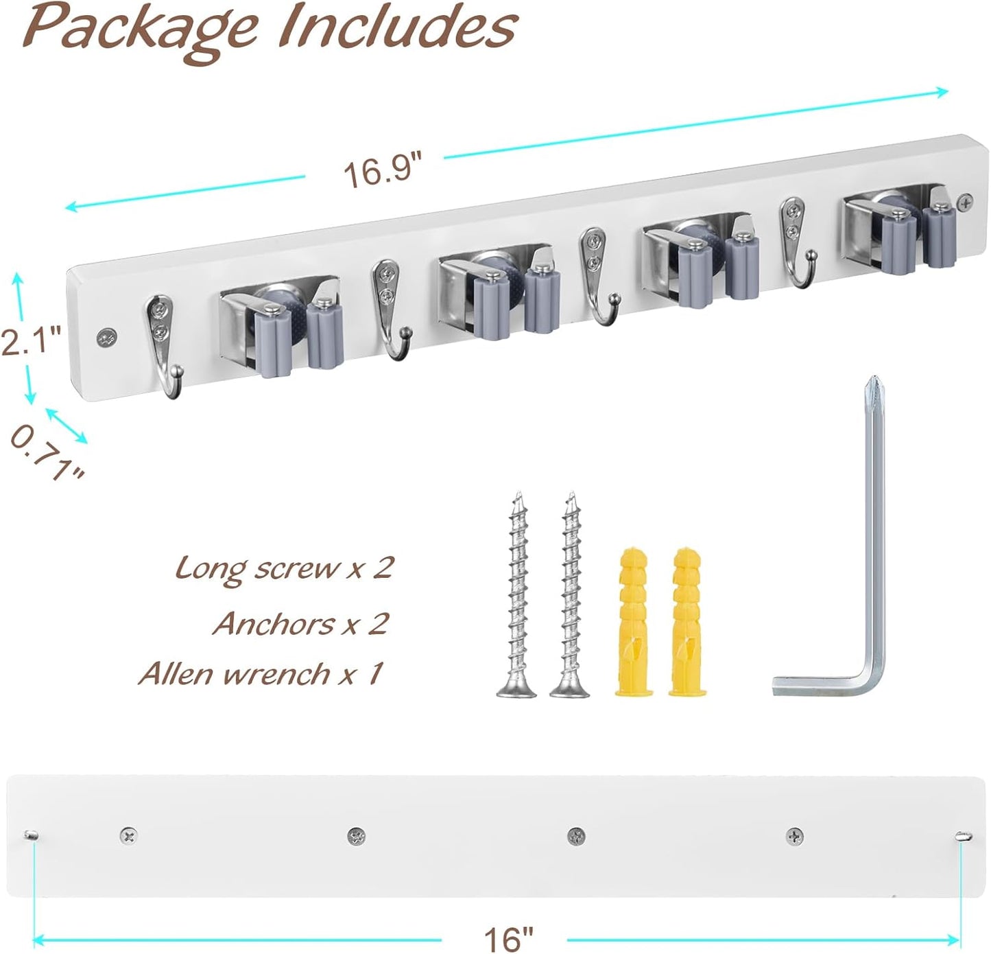 2 Pack Mop Broom Holder Wall Mount - White Wood Broom Mop Hanger - Wall Mounted Garden Tool Rack Organizer for Closet Garage Laundry Room, 4 Slots & 4 Hooks