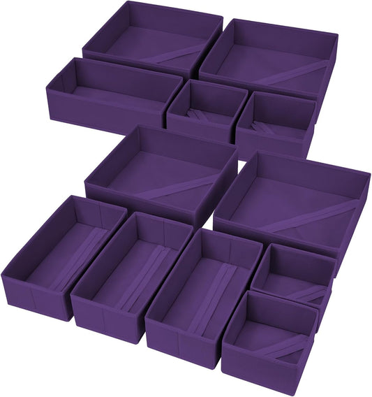 DIMJ Drawer Organizer Clothes, 12 Pack Dresser Organizer, Foldable Closet Organizers and Storage, Fabric Dresser Bins, Drawer Dividers for Nursery, Baby Clothes, Underwears, Sock (Purple)