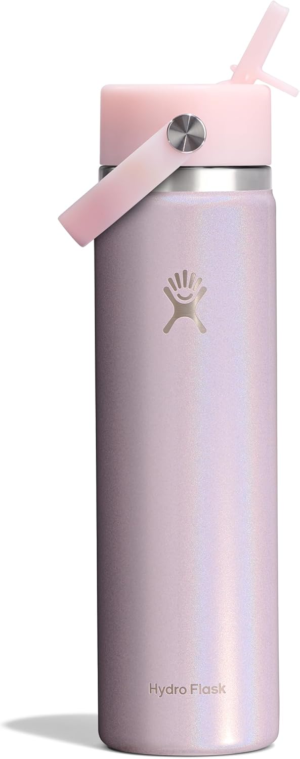 Hydro Flask Water Bottle - Insulated Stainless Steel - Wide Straw Lid, Non-Spill, Leakproof in 24 Oz Glimmer Pink