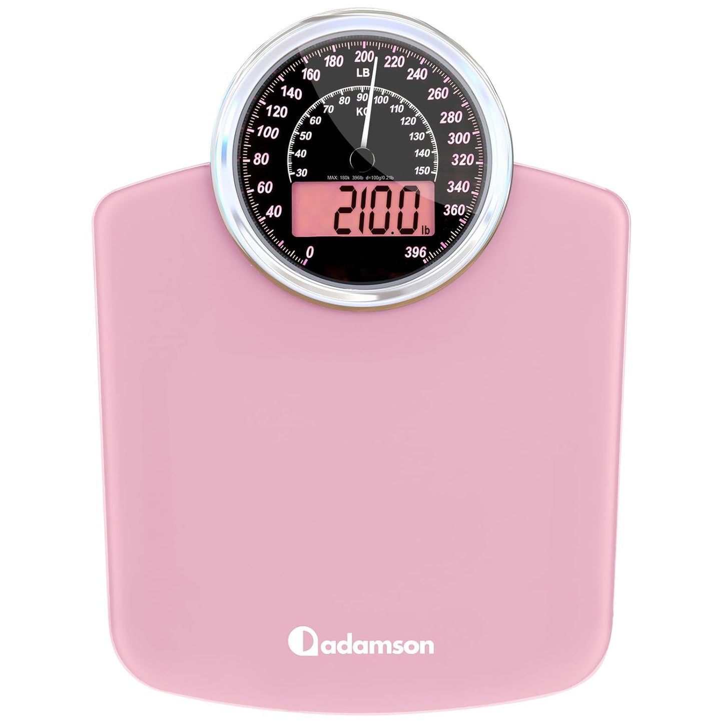 Adamson Hybrid 2-in-1 Analog & Digital Weighing Scale for Body Weight up to 400lbs - Thick Tempered Glass - Extra Large Display - Easy to Read Digital Bathroom Scale - New - Pink