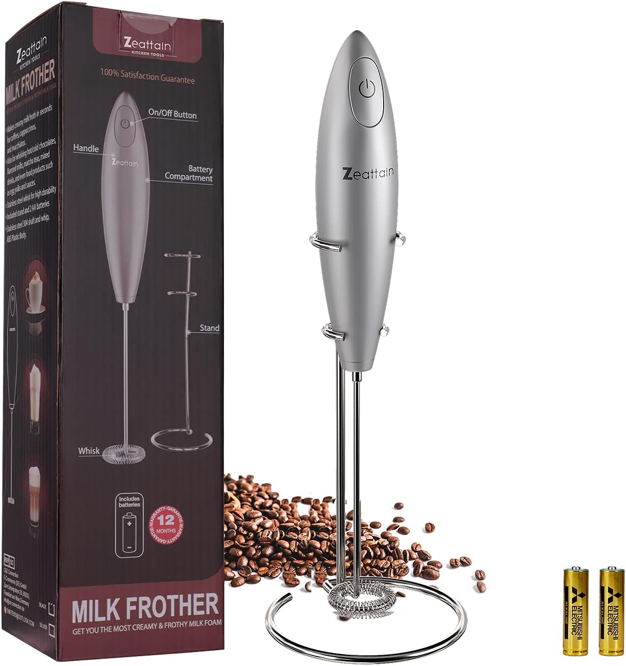 Milk Frother Handheld Mixer, Battery Operated Electric Whisk Foam Maker for Cappuccino,Latte,Coffee,Matcha & More - Sliver