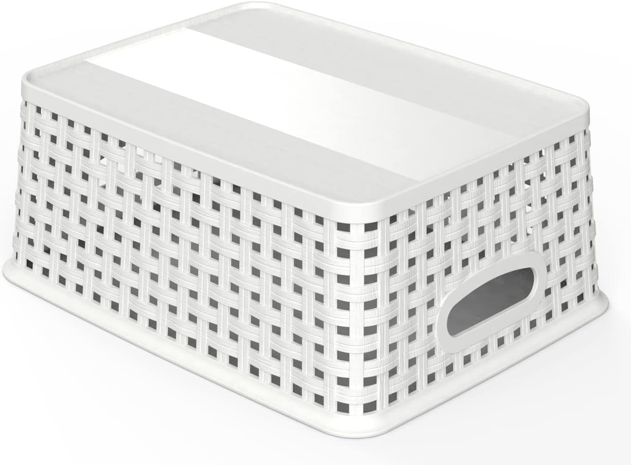 WYT 12-Pack Plastic Small Shelf Storage Weave Baskets for Organizing, White