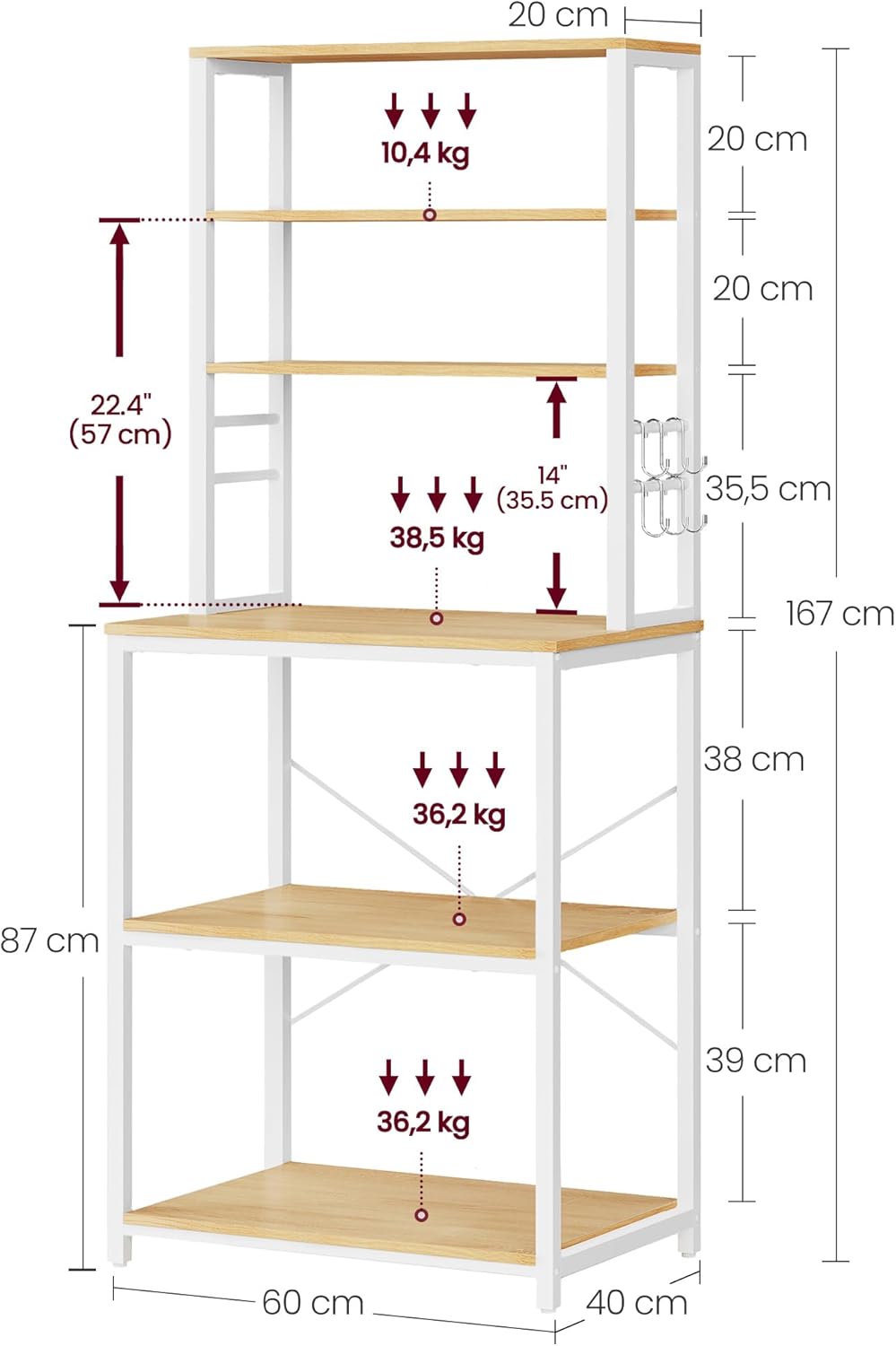VASAGLE Coffee Bar, Baker’s Rack for Kitchen with Storage, 6-Tier Kitchen Shelves with 6 Hooks, Microwave Stand, Industrial, 15.7 x 23.6 x 65.7 Inches, Oak Color and White UKKS024W09