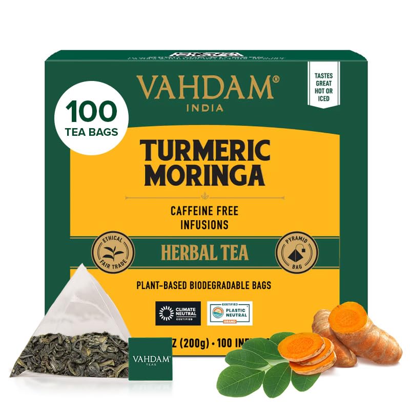 VAHDAM, Turmeric Moringa Tea Bags (100 Herbal Tea Bags) Caffeine Free, Non GMO | 100% Pure Herbal Blend - Sweet & Earthy | Resealable Ziplock Pouch