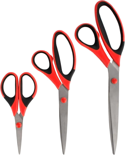 BambooMN Titanium Softgrip Scissors Set for Sewing, Arts, Crafts, Office - 30 Sets of 3 - Red w/Black Inlays