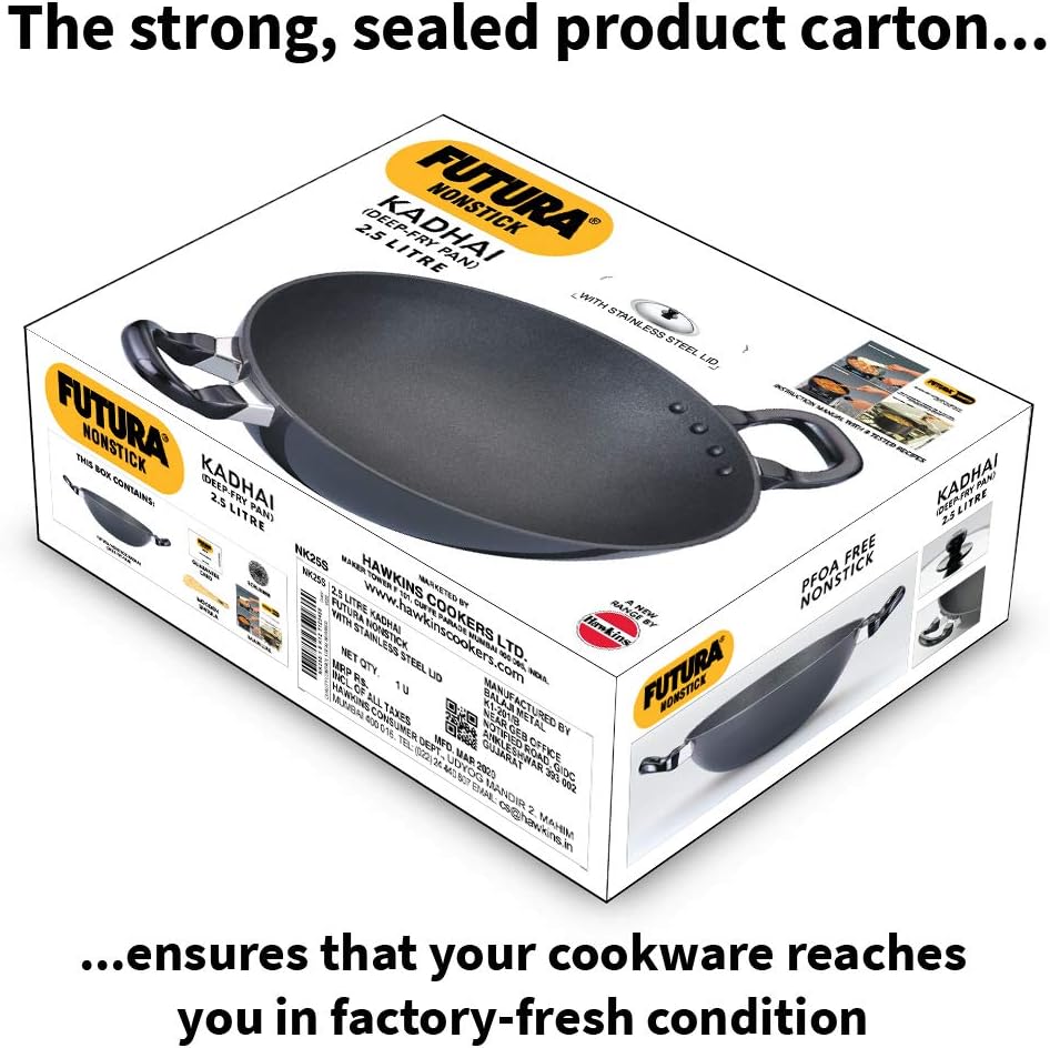 Hawkins Futura Nonstick Kadhai 2.5 L, 26 cm, 3.25 mm with SS lid (Black)