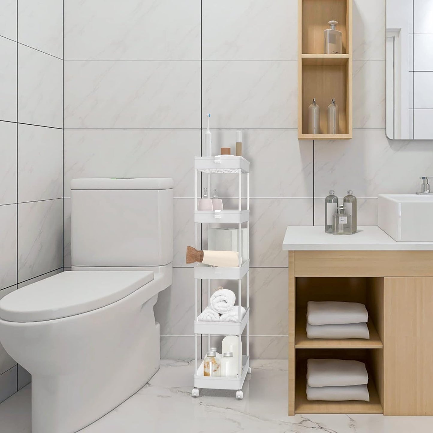 SPACEKEEPER 5-Tier Storage Cart Organizer Rolling Utility Cart, Mobile Shelving Unit Slide Out Storage Shelves for Kitchen Living Room Bathroom Laundry Room & Dressers, White