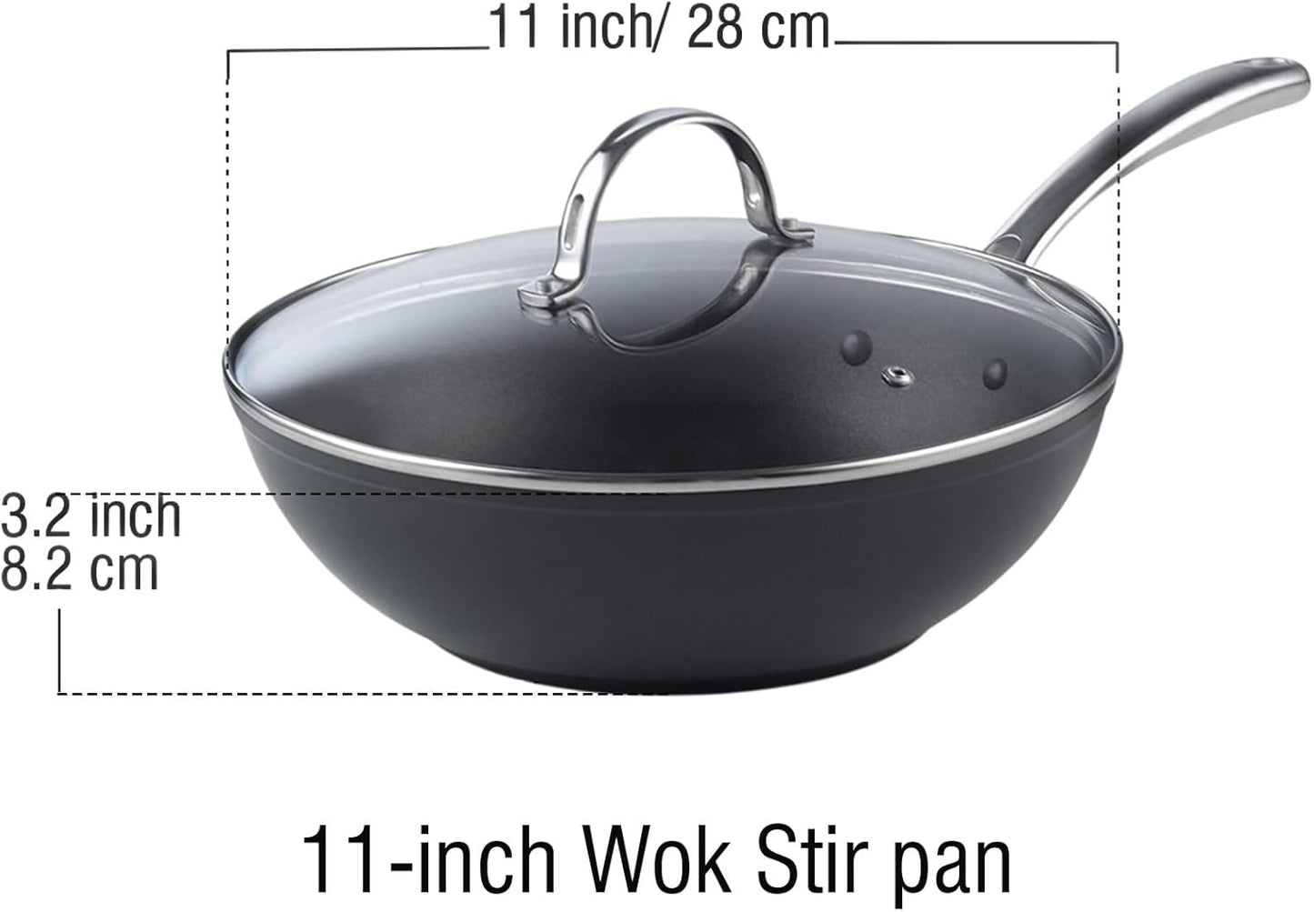 Cooks Standard Nonstick Stir-Fry Wok Pan 11-Inch, Hard Anodized Deep Frying Pan with Glass Lid, Flat Bottom, Black