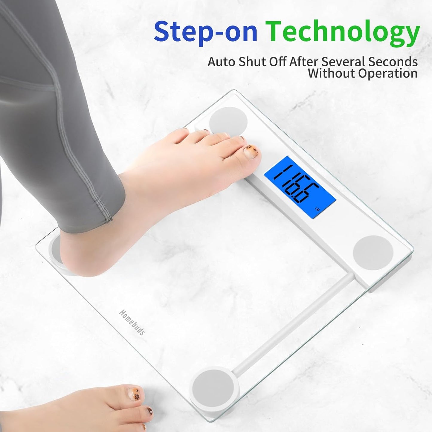 Homebuds Digital Bathroom Scale for Body Weight, High Precision Assured by Weight Scale Professional Factory SINCE 2001, Blue Backlit LCD and Step-On, 2*AAA Batteries Included, 400lb/182kg Clear Glass