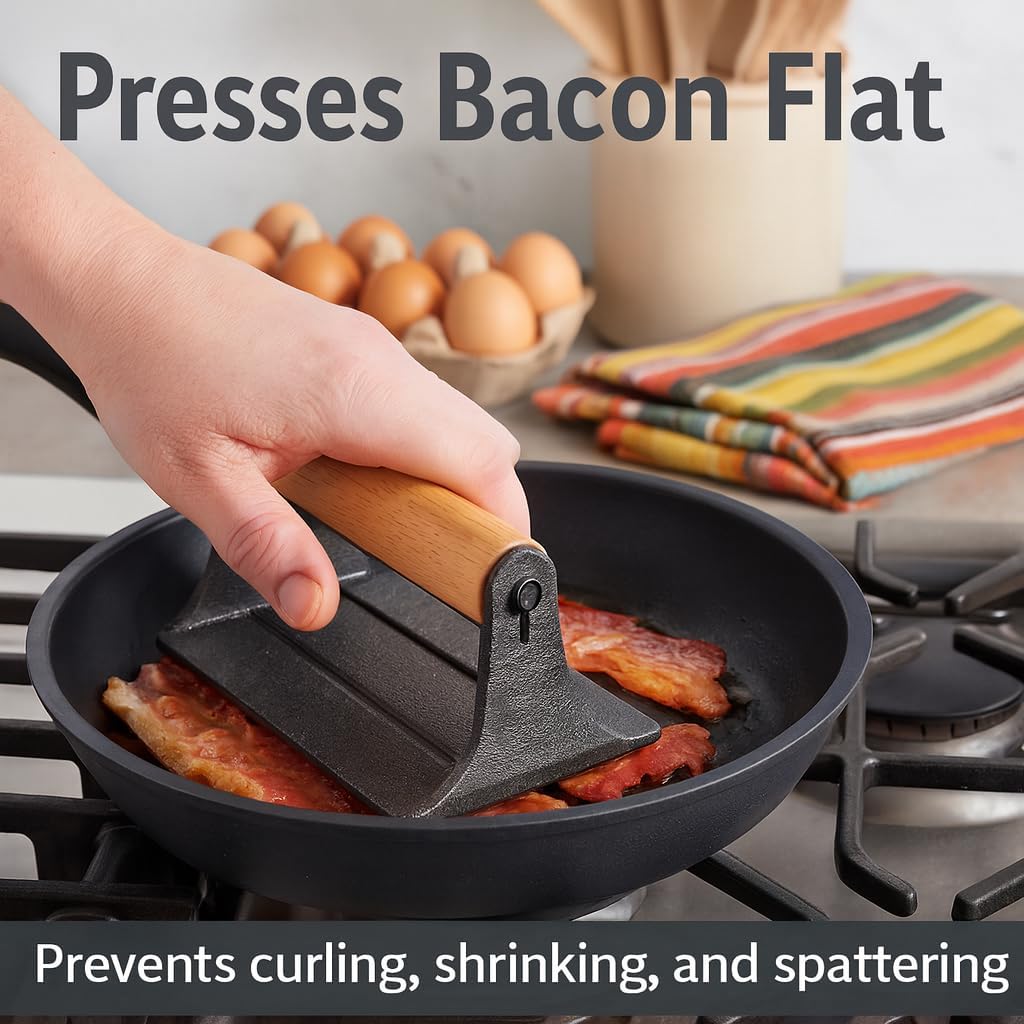 HIC Kitchen Bacon Press, Heavyweight Cast Iron, Rectangular With Wood Handle, For Stovetop Grill And Griddle