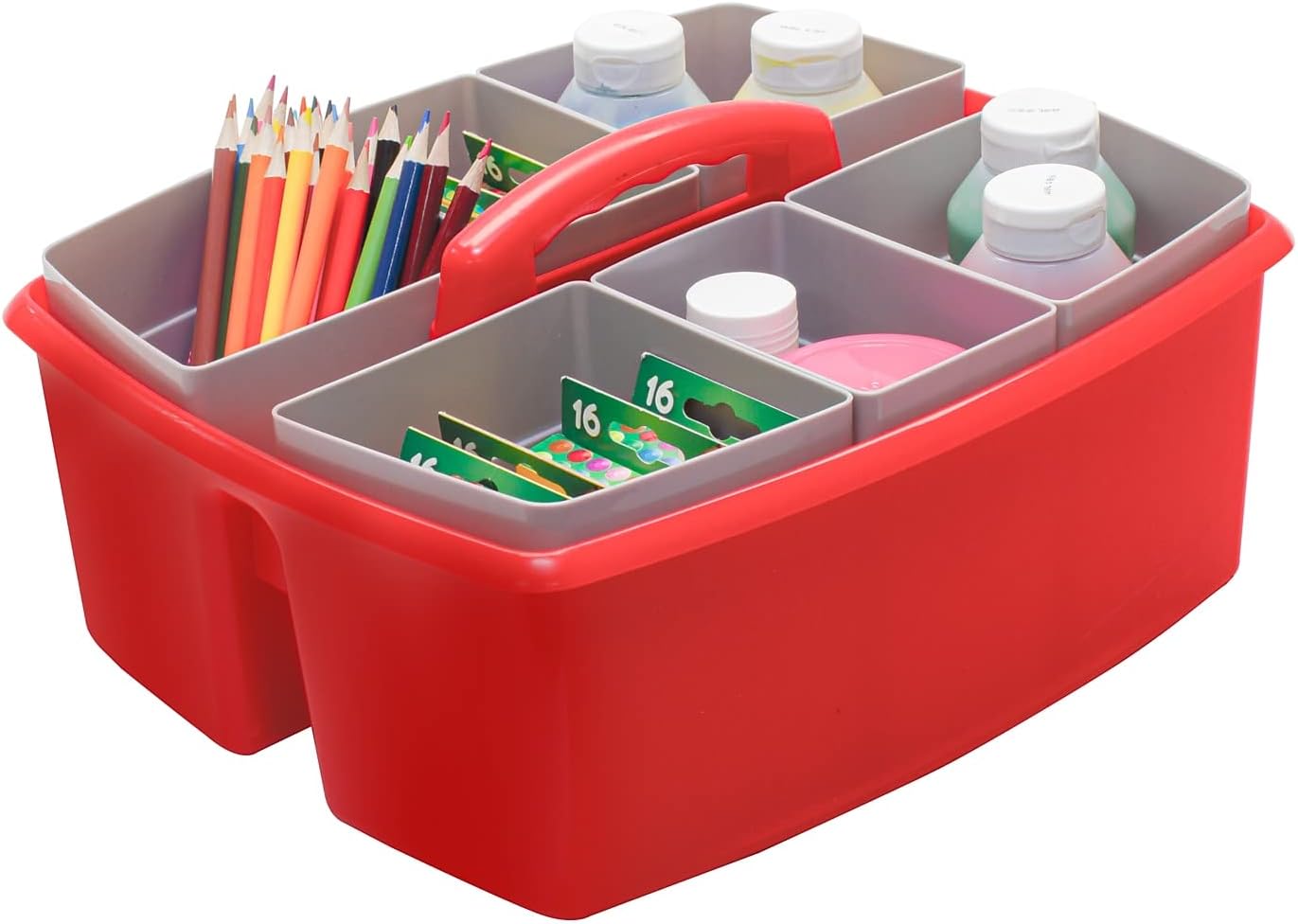 Storex Large Classroom Caddy with Cups, 13 x 11 x 6.575 Inches, Red, Case of 2 (00981U02C)