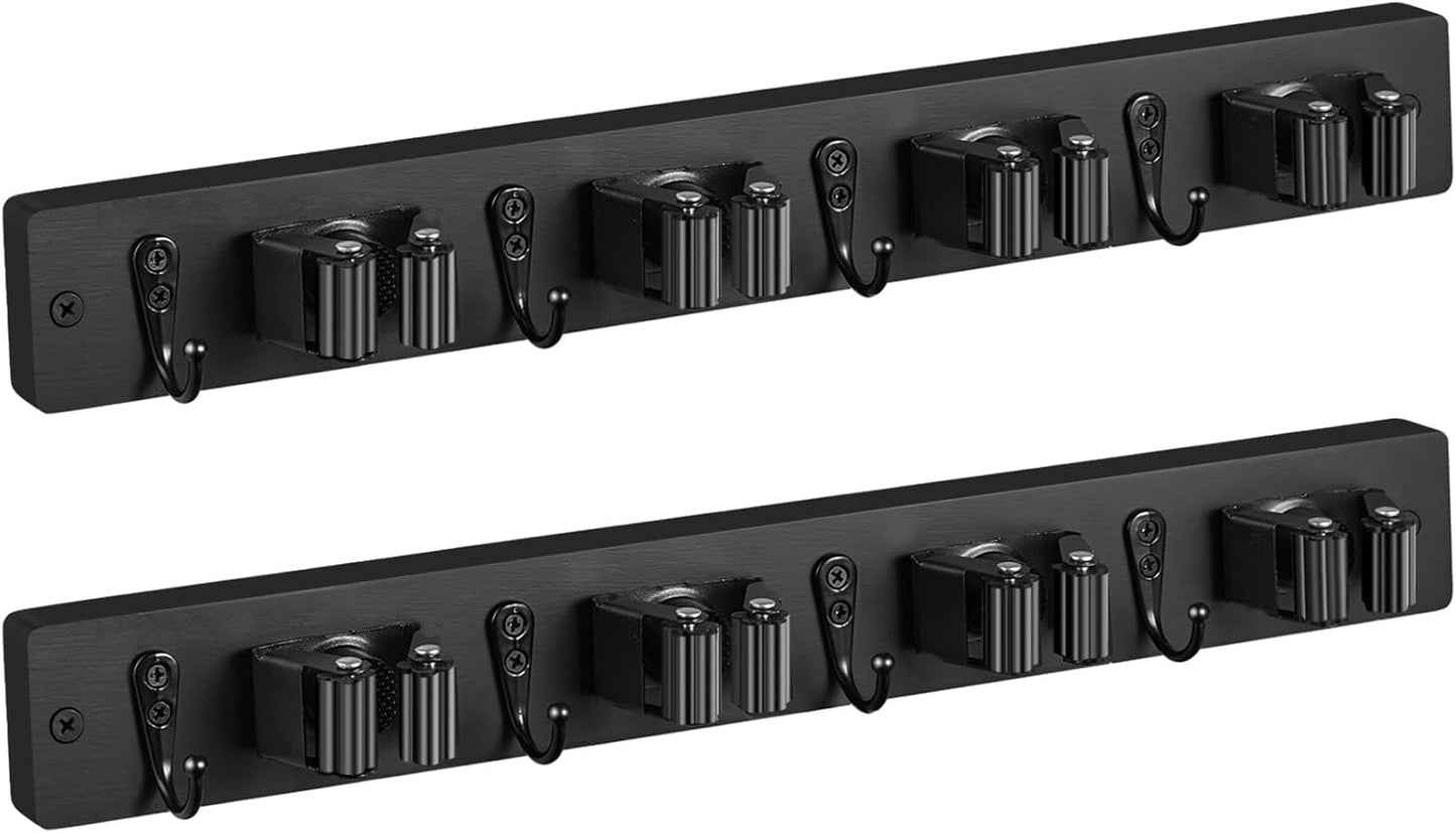 2 Pack Black Mop Broom Holder Wall Mount - Wood Broom Mop Hanger - Wall Mounted Garden Tool Rack Organizer for Closet Garage Laundry Room, 4 Slots & 4 Hooks