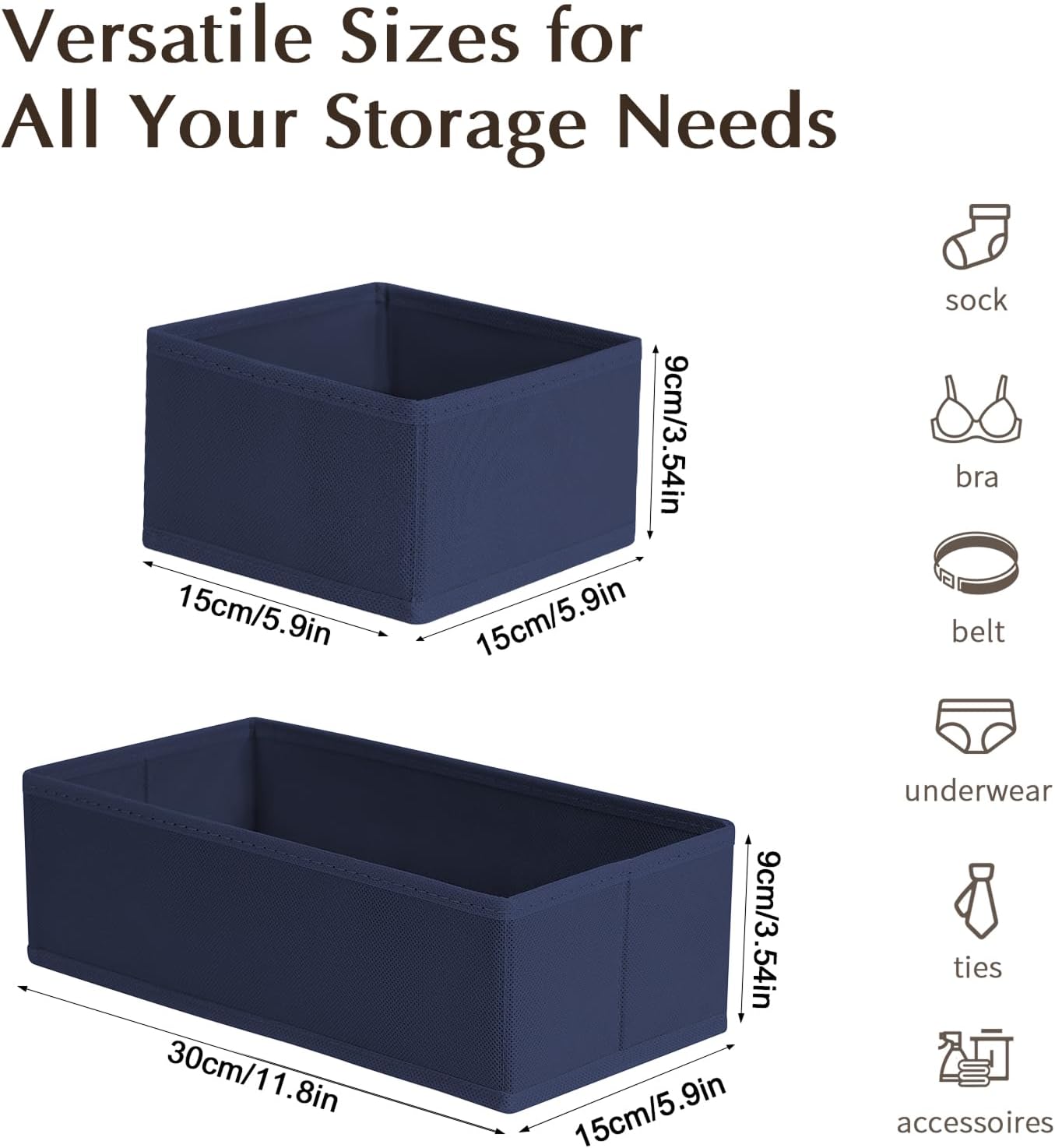 DIMJ Drawer Organizers Clothes, Set of 8 Dresser Organizer Bins, Fabric Closet Organizers and Storage, Shallow Drawer Dividers for Nursery, Clothing, Baby Clothes, Socks, Underwears, Tie (Navy Blue)