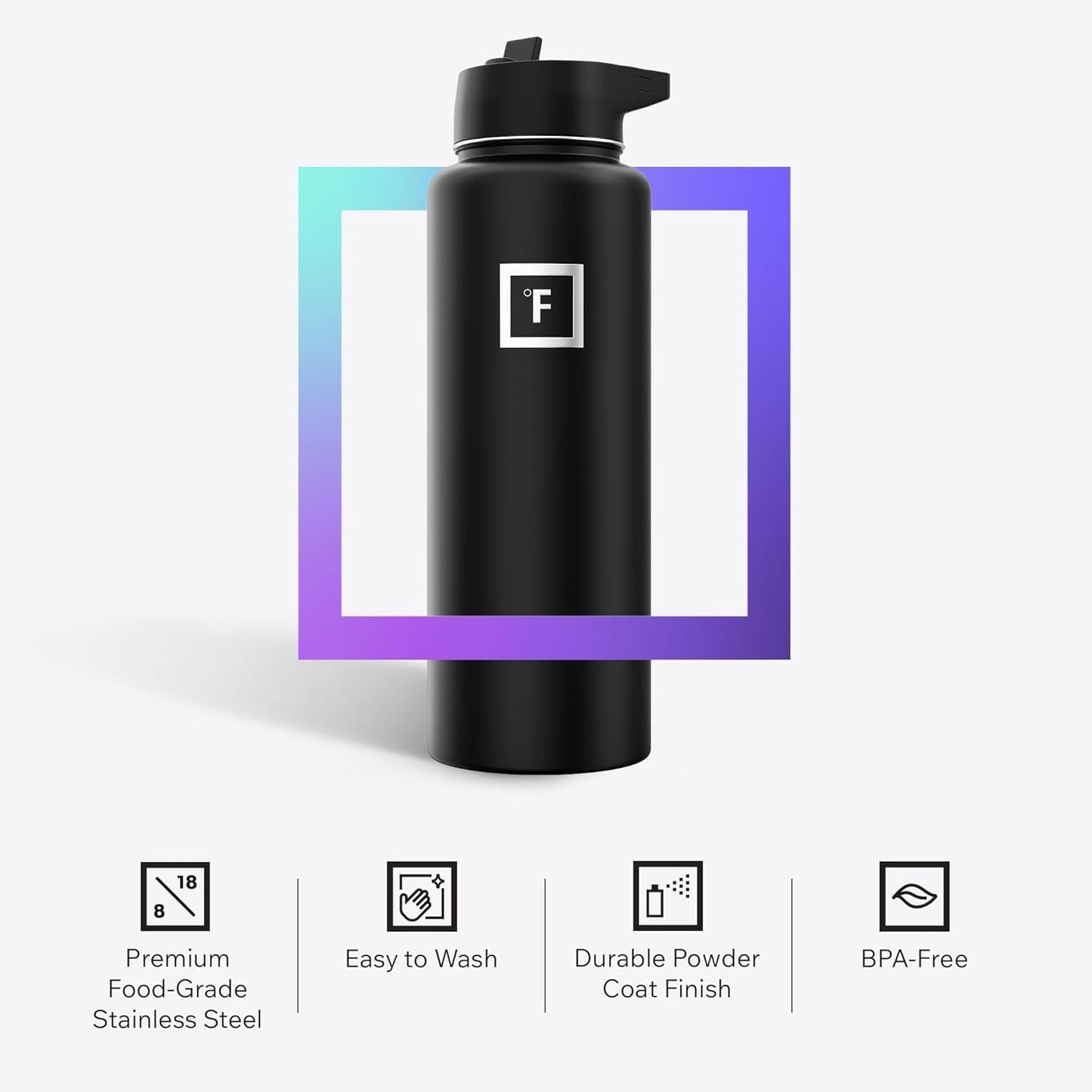 IRON °FLASK Camping & Hiking Hydration Flask with Straw, Wide Mouth Insulated Stainless Steel Sports Water Bottle - 40 oz Midnight Black