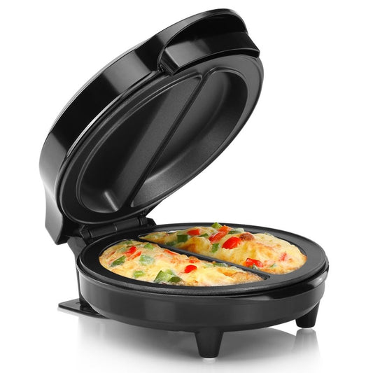Holstein Housewares Stainless Steel 2 Section Omelet & Frittata Maker, Non Stick Coating, Easy To Clean, Indicator Lights, Compact Storage, Prepare Versatile Recipes in Minutes. 2 Portions, Black