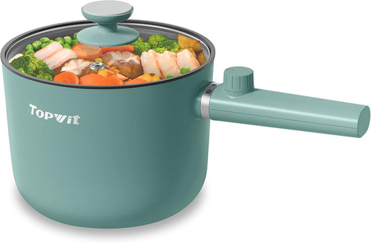 Topwit Hot Pot Electric, 1.5L Ramen Cooker, Non-Stick Frying Pan, Electric Pot for Pasta, Steak, BPA Free, Dual Power Control, Over-Heating & Boil Dry Protection, Green