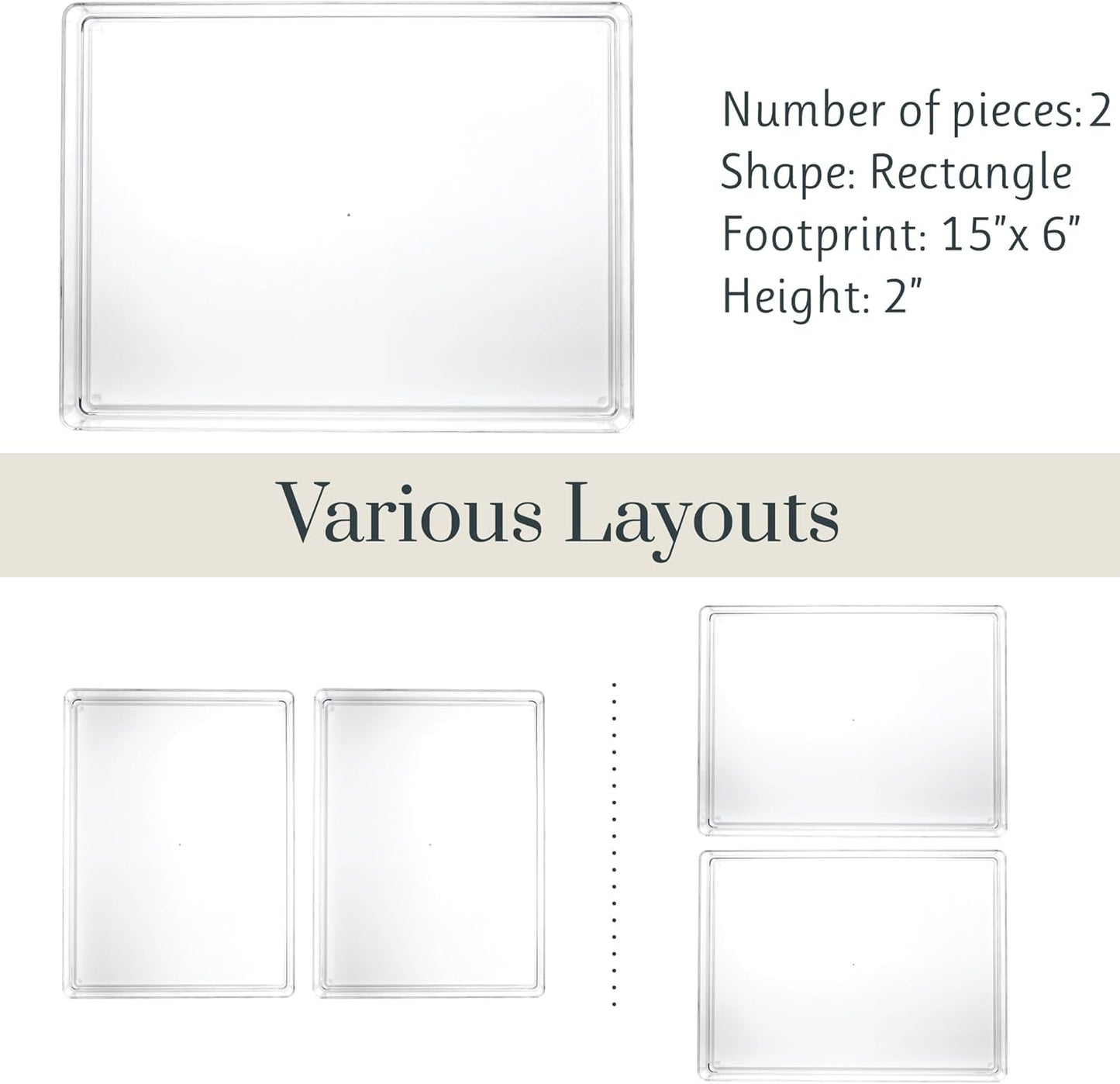 STORi SimpleSort 2-Piece Stackable Clear Drawer Organizer Set | 12" x 9" x 2" Rectangle Trays | Wide Makeup Vanity Storage Bins and Office Desk Drawer Dividers | Made in USA