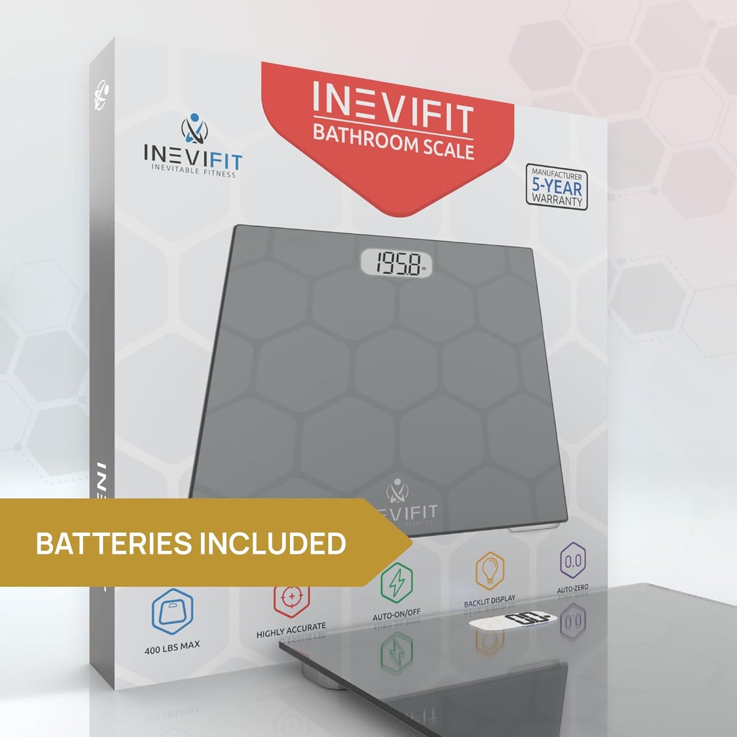 INEVIFIT Bathroom Scale, Highly Accurate Digital Bathroom Body Scale, Measures Weight up to 400 lbs. Includes Batteries