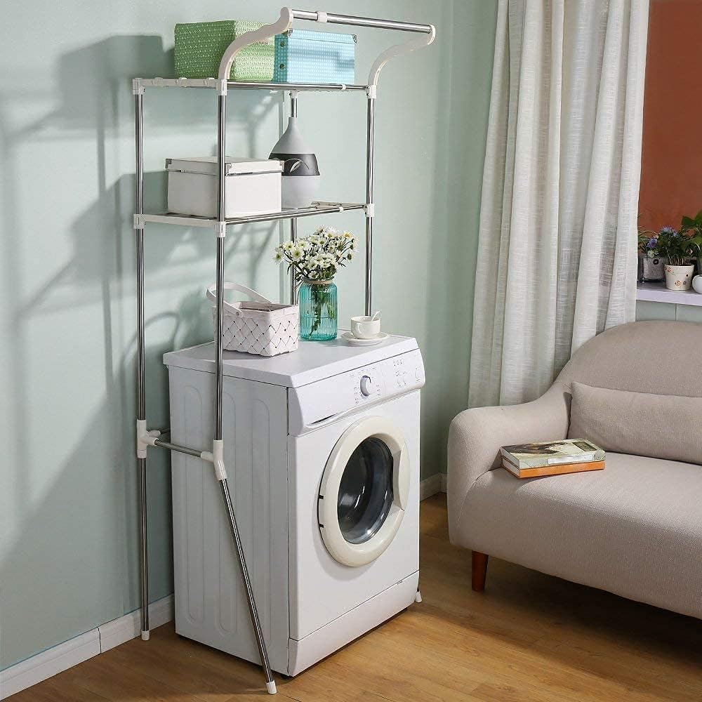 BAOYOUNI Adjustable Over Toilet Bathroom Organizer Above Washer Dryer Storage Shelf 2-Tier Space Saving Rack (24.4-40.55) W X 19.48 D X 68.11 H Inches, Ivory