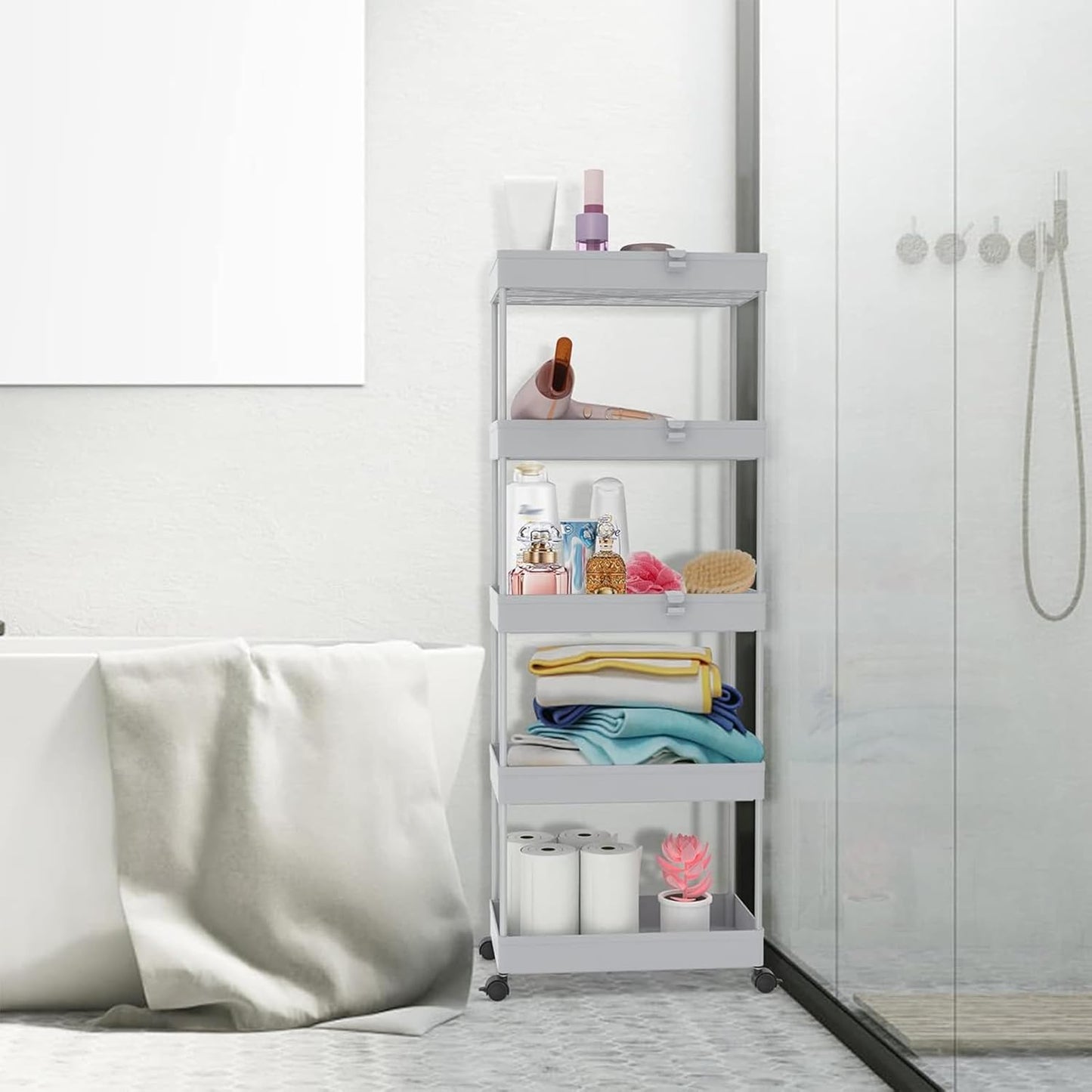 SPACEKEEPER 5-Tier Rolling Cart, Bathroom Storage Organizer Utility Cart, Mobile Shelving Unit Slide Out Shelves for Kitchen Living Room Laundry Room & Dressers,Gray