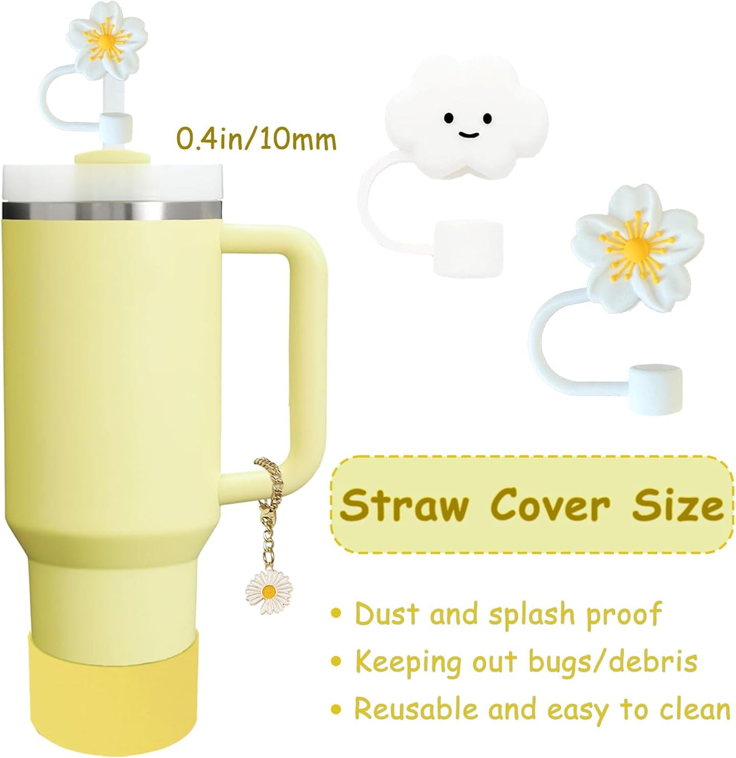 Stanley Cup Accessories Set,Including 2 Pcs 0.4in Straw Cover, 1 Silicone Spill-Proof Stopper, 1 Cute Handle Charm, 1 Silicone Boot Fits Stanley 40&30 Oz Tumbler (Lemon Yellow)
